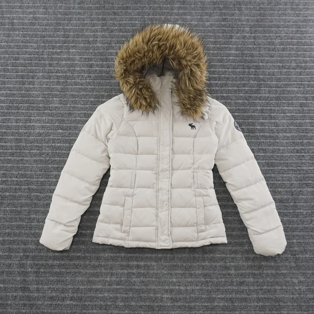 Y2K Abercrombie Kids Puffer Jacket Kids Size S Cream Faux Fur Hooded Coat
